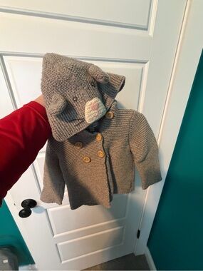 Baby Boden Taupe Knit Hooded Cardigan with Wooden Buttons